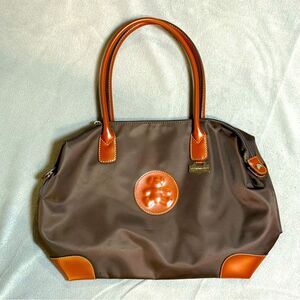 LuluCastagnette Brown‎ Nylon Tote Bag Tan Leather Trim Medium Shoulder Bag